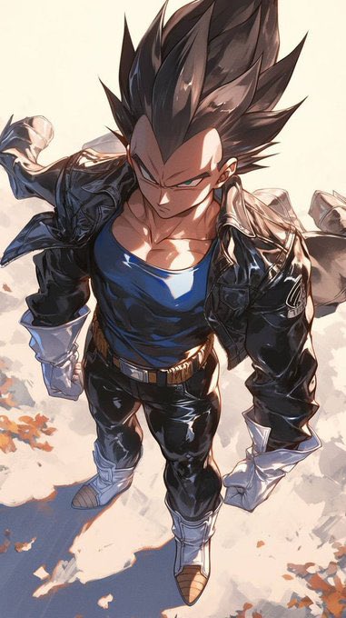 Anime-style illustration of a spiky-haired character resembling Vegeta from Dragon Ball, wearing a black leather jacket and pants with a blue undershirt, standing in a desert landscape.