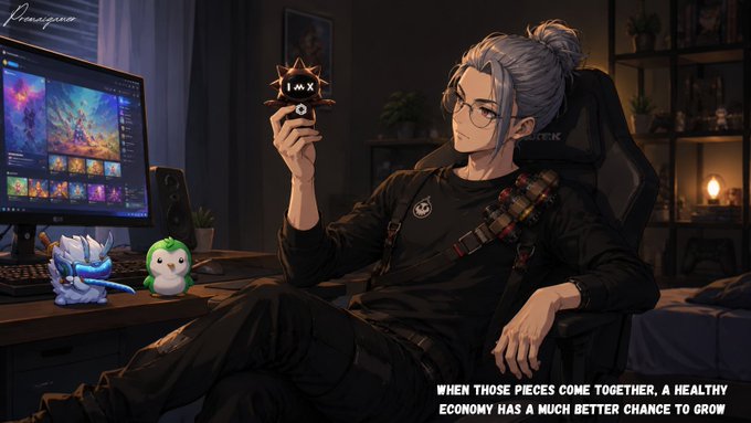 An anime-style illustration of a silver-haired person with glasses sitting in a gaming chair holding a creature, with the quote 'WHEN THOSE PIECES COME TOGETHER, A HEALTHY ECONOMY HAS A MUCH BETTER CHANCE TO GROW'.