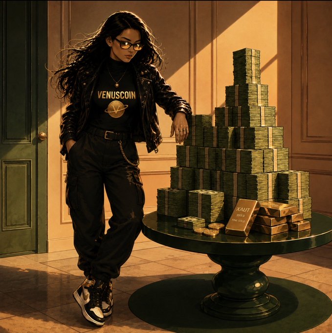 A digital illustration of a woman wearing a 'VENUSCOIN' t-shirt and leather jacket, standing next to a massive pile of bundled cash and gold bars labeled 'XAU' on a green table.
