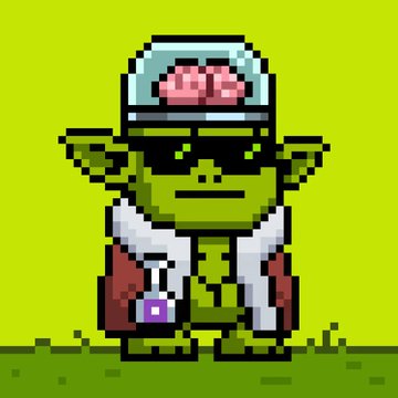 A pixel art depiction of a green-skinned zombie character wearing a white lab coat, dark sunglasses, and an exposed brain in a glass dome helmet.
