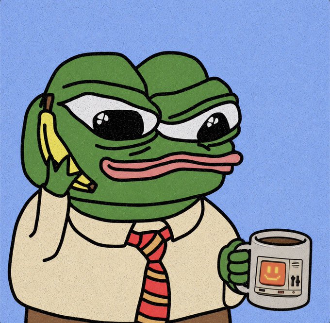 A cartoon illustration of the Pepe the Frog character wearing a yellow shirt and striped tie, holding a phone to his ear and a coffee mug featuring a smiley face design.