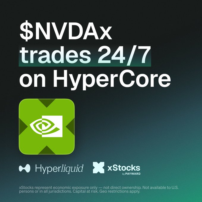 A promotional graphic announcing that NVDAx trades 24/7 on HyperCore via Hyperliquid and xStocks, featuring a green NVIDIA-style eye logo and a disclaimer noting xStocks provide economic exposure only, not direct ownership. The image directly supports the post's message that NVDAx remains tradable on HyperCore as live native spot even while US markets are closed, following NVIDIA's strong earnings beat of $96.2B in quarterly revenue.
