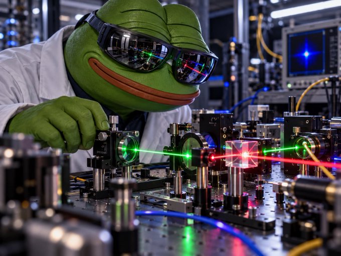 A Pepe the Frog meme character dressed as a scientist in a lab coat and sunglasses, working with a laser optics setup featuring green and red laser beams.
