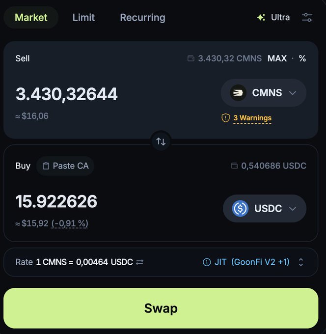 A cryptocurrency trading interface showing a swap from 3.43032644 CMNS to 15.922626 USDC, with a rate of 1 CMNS = 0.00464 USDC.