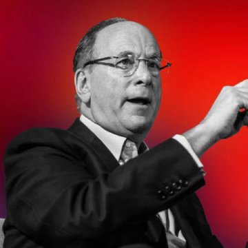 The black-and-white photo shows Larry Fink, CEO of BlackRock, gesturing emphatically mid-speech. The caption connects to the post about BlackRock's massive $202.2 million Bitcoin ETF sell-off, with Fink's animated expression underscoring the dramatic market move.