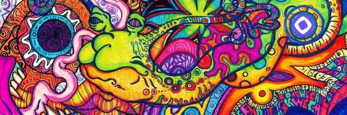 Vibrant psychedelic artwork with intricate colorful patterns featuring a green frog-like creature surrounded by eyes, swirls, and abstract designs in neon pink, orange, blue, and green colors.