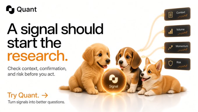 An advertisement for 'Quant' with the tagline 'A signal should start the research,' featuring three puppies and a chart showing 'Context, Volume, Momentum, Risk.'