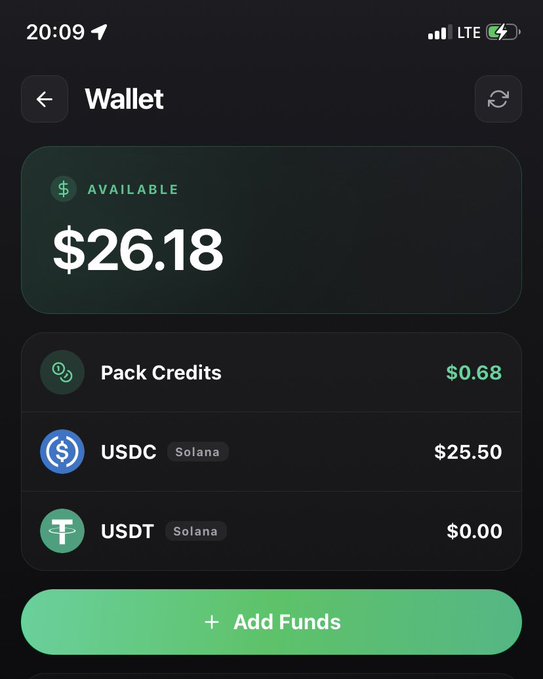 The image shows a digital wallet screen with an available balance of $26.18, broken down into $0.68 Pack Credits, $25.50 USDC on Solana, and $0.00 USDT on Solana. This serves as proof of earnings, illustrating the claim that $25 was made from following the update, validating the message about others "putting in the work and making money."
