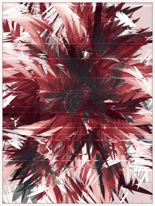 The image features a digital art piece with a red background, resembling a flower or a firework explosion. The artwork has an abstract style that appears chaotic and random, with lines and shapes scattered throughout the composition. The colors used are predominantly red and black, creating a visually striking contrast against each other. The post's title "Chaos_5 •• Generative art 1/1" suggests that this piece is part of a larger collection or series of digital artworks generated by an automated process.