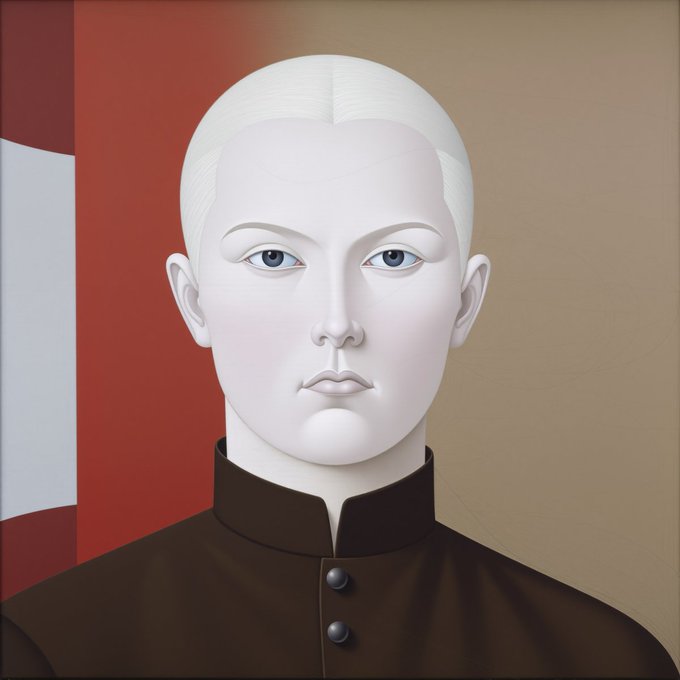A stylized portrait of a pale, white-haired figure with blue eyes wearing a dark, high-collared garment, set against a split red and tan background. The image likely serves as artwork for the "Div" NFT collection featured on OpenSea, with the minting details noted in the caption.