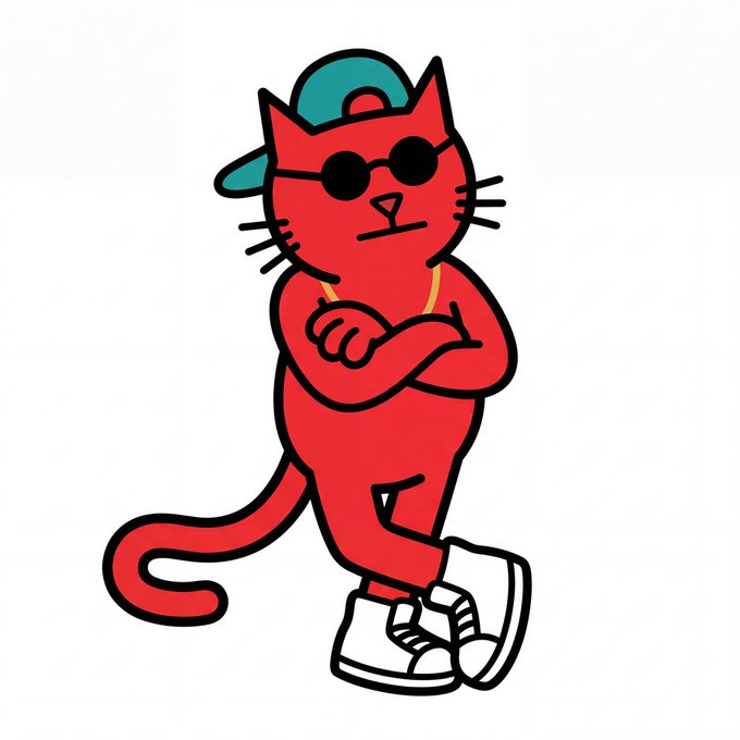 A cartoon illustration of a red cat wearing a teal baseball cap backwards, round sunglasses, a gold chain, and white sneakers, standing with arms crossed.