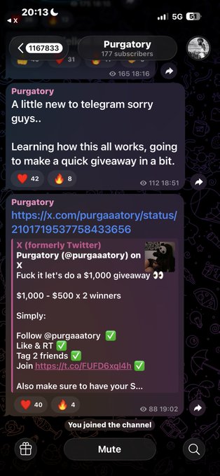 Telegram channel 'Purgatory' (177 subscribers) showing posts about a $1,000 giveaway requiring users to follow X, like/RT, tag 2 friends, and join a Telegram group.