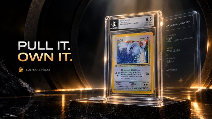 An advertisement for 'SOLFLARE PACKS' showing a graded Lugia Pokémon card with a 9.5 grade and 'On-Chain Ownership' details.