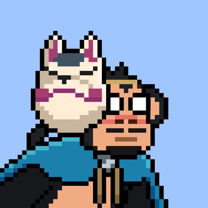 Pixel art of a bearded character with glasses standing next to a llama against a blue background.
