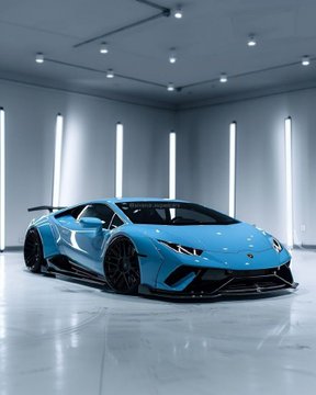 A bright blue sports car parked in a sleek, modern showroom with vertical light panels on the walls.