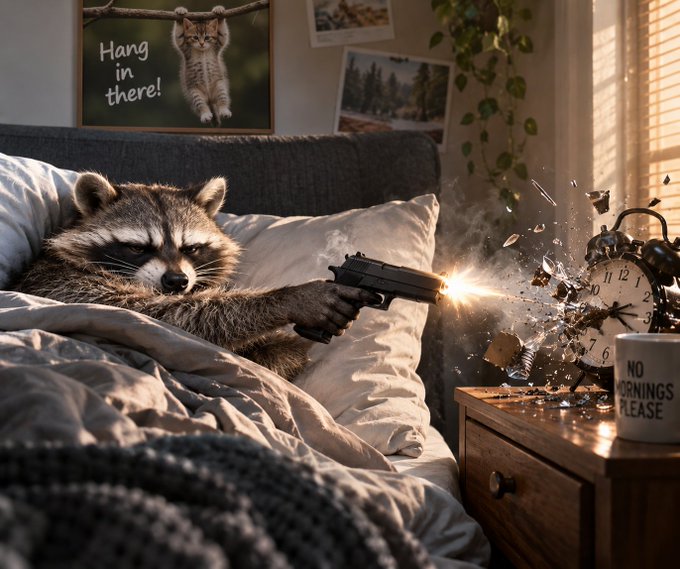 A humorous AI-generated image shows a raccoon in bed firing a handgun at an alarm clock, shattering it, with a mug reading 'NO MORNINGS PLEASE' and a 'Hang in there!' cat poster on the wall.