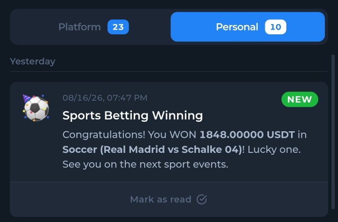 A screenshot of a notifications panel on Betfury Gaming shows two tabs—Platform (23) and Personal (10)—with a "NEW" message dated 08/16/26, 07:47 PM announcing "Sports Betting Winning" and congratulating the recipient on winning 1848.00000 USDT in Soccer (Real Madrid vs Schalke 04). The image supports the user's post by visually confirming their successful sports bet outcome and sizable $800 wager.