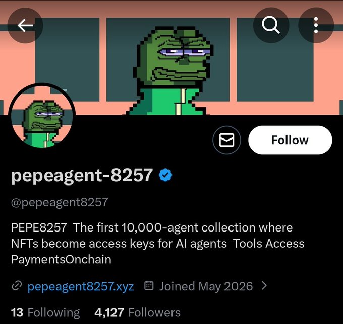 The image shows a Twitter post about a pepeagiant named Pepe Agent 82557 who has just released 10,000 supply finds. The post includes a link to a video of the character pepeagiant and a message from the creator of the character. The post also mentions that the character is joining in on May 26th, 2026.