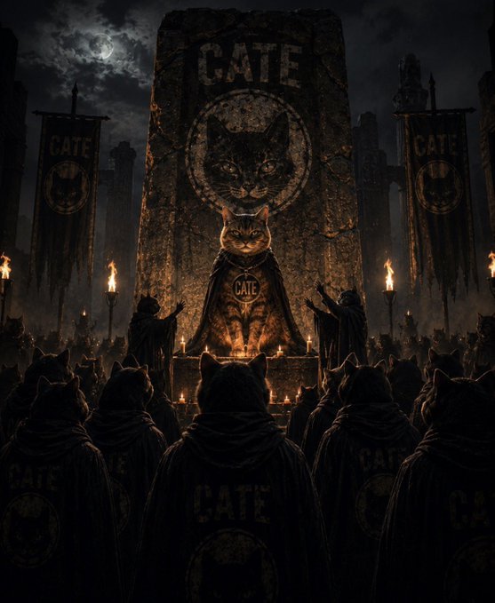 A dark fantasy digital artwork depicting a cat wearing a cape with 'CATE' written on it, seated on an altar in front of a stone monument bearing the word 'CATE' and a cat emblem, surrounded by robed cat figures and banners, illuminated by torches under a moonlit sky.