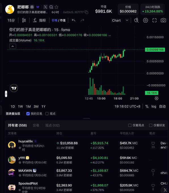 A cryptocurrency trading interface showing the token '肥嘟嘟' (formo) with a price of $0.000982 and a massive 24-hour increase of +19,384.88%, displaying a green candlestick chart.