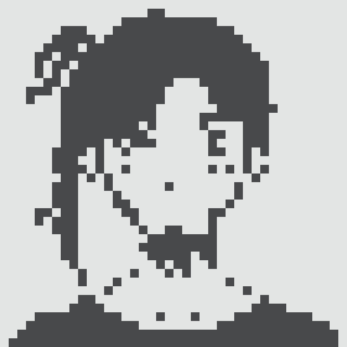 A black and white pixel art avatar/portrait of a person with medium-length hair facing forward.