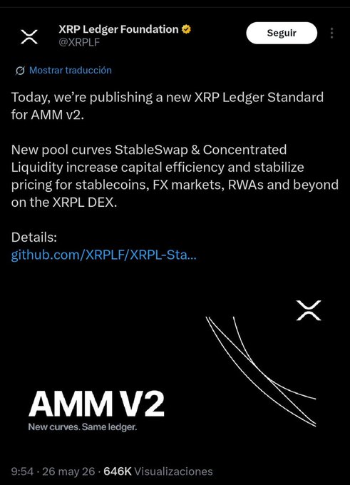 The image shows a screenshot of an advertisement for an automated market maker called AMM (Automated Market Maker). The text on the screen reads "ATENCIÓN LA MAYOR ACTUALIZACIÓN DEL DEX DE XRP ACABA DE SER PRIVATEADA. EL TIMING CON LA CLARITY ACT NO PARECE CASUALIDAD." This advertisement is promoting a new automated market maker, and it appears to be posted on social media platforms like Twitter or Facebook. The image also includes the hashtag "XMMP" which might indicate that this post is related to XRP Foundation.