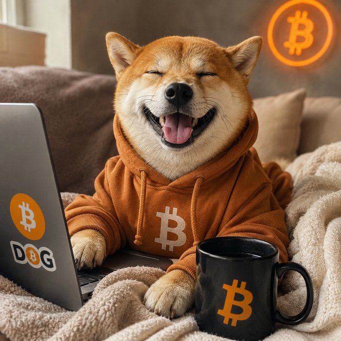An AI-generated image of a Shiba Inu dog wearing an orange Bitcoin hoodie, smiling at a laptop and coffee mug, both branded with the Bitcoin logo and DOG text.
