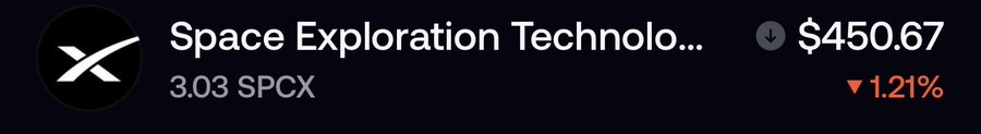 A cryptocurrency ticker displaying Space Exploration Technologies (SPCX) priced at $450.67, down 1.21%, with 3.03 SPCX held.