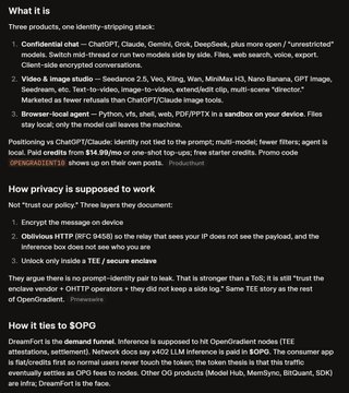 Text describing 'DreamPort,' a ChatGPT/Claude wrapper featuring chat, image/video generation, browser AI agent, and Python execution capabilities.