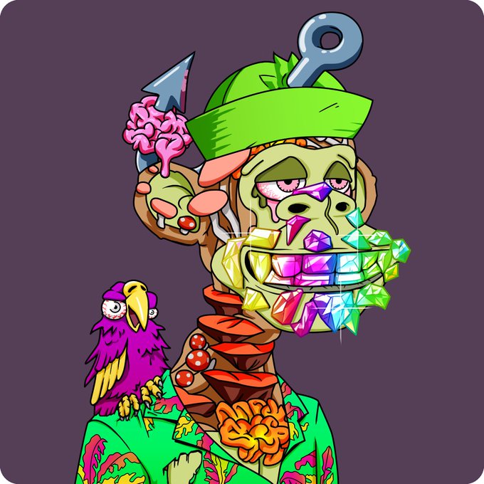The image features a cartoon character with a green hat, a colorful outfit, and a bird perched on its shoulder. The character appears to be a monkey or a mime, wearing a flowery shirt and a hat adorned with flowers. The background is dark purple, which contrasts with the vibrant colors of the character's attire and the bird's plumage. The image also contains text that reads "Mutant #22628 Bought for 1.65 WETH 0xcf6c...bf6a 0x92fd...A934 etherscan.io/tx/0x2a4bc3503 ... Return to Monke: opensea.io/collection/mut ... mutants are insane".