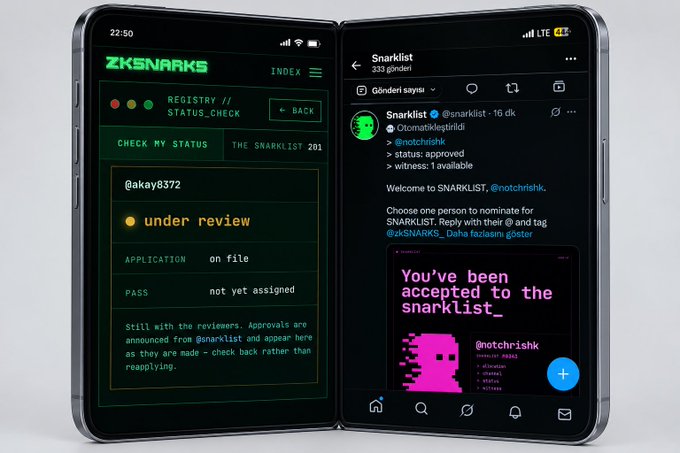 Two smartphones displaying a ZKSNARKS registry interface on the left ('CHECK MY STATUS' showing '@akay8372 under review') and a Twitter/X notification on the right stating 'You've been accepted to the snarklist_' from @notchrishk.