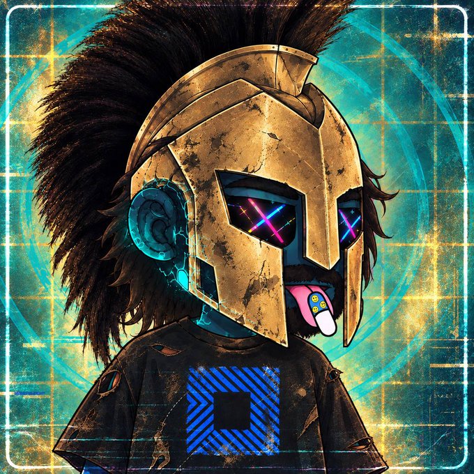 A stylized warrior character wears a battle-worn golden Spartan helmet with a dark plume crest, featuring glowing pink and blue neon X-shaped eyes and a playful tongue sticking out. The post "helmets on" ties into the imagery by emphasizing the prominently worn helmet, fitting for a crypto/NFT warrior theme.