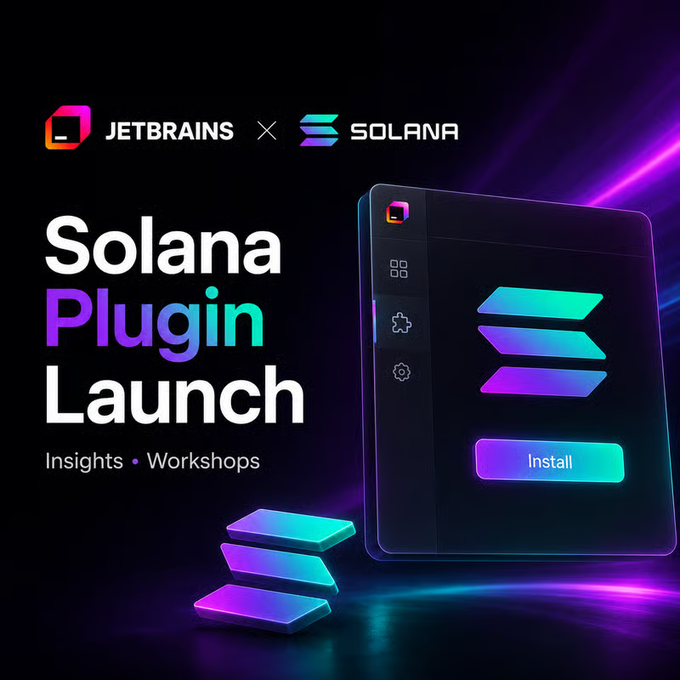 A promotional graphic for the 'Solana Plugin Launch' featuring logos for JetBrains and Solana, advertising 'Insights • Workshops' alongside an illustrated app interface with an 'Install' button on a dark background with purple neon accents.