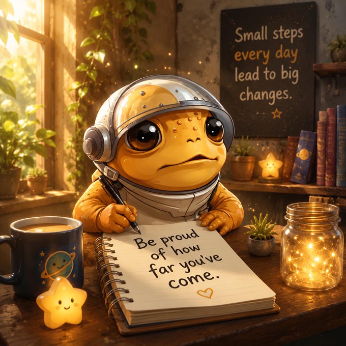 An adorable illustration of a turtle-like creature in an astronaut helmet writing in a notebook that reads "Be proud of how far you've come," with a chalkboard in the background displaying "Small steps every day lead to big changes."