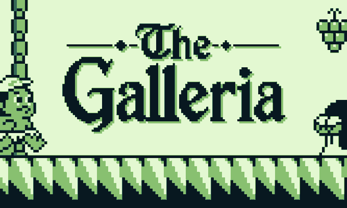 Pixel art title screen reading 'The Galleria' in decorative serif font on a pale green background with grass and foliage borders.