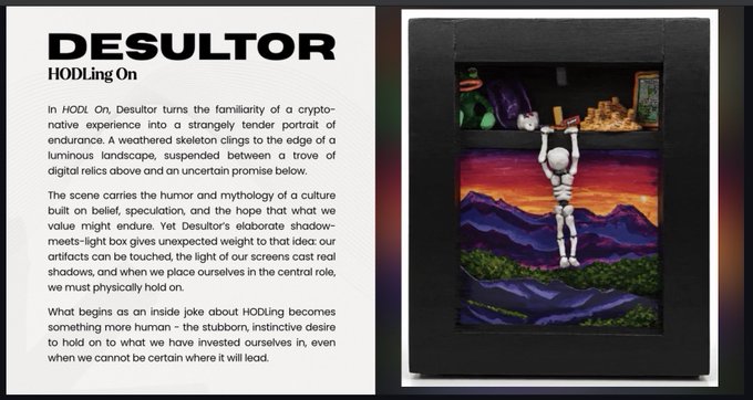 An art-design page titled “DESULTOR” and “HODL’ing On” presents a crypto-themed narrative with paragraphs of text beside a dark framed illustration of a skeletal figure hanging above a landscape.