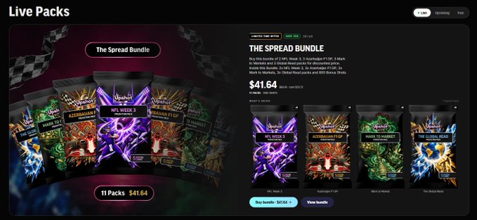 A website page titled 'Live Packs' displays 'The Spread Bundle' for $41.64, featuring 11 packs of UFC Yu-Gi-Oh! style trading cards.