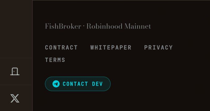 The image shows a webpage footer for "FishBroker · Robinhood Mainnet" with links to Contract, Whitepaper, Privacy Terms, and a "Contact Dev" button. The footer appears in the post to provide transparency and contact options, addressing FUD (Fear, Uncertainty, Doubt) concerns about the project by showing official resources and an open line of communication with the developers.