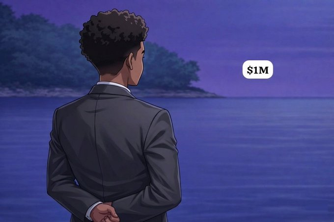 An anime-style illustration of a man in a gray suit viewed from behind, looking out at a dark blue sea at dusk, with a speech bubble showing '$1M'.