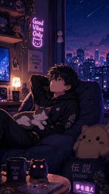 An anime-style illustration of a boy relaxing in a beanbag chair surrounded by a black and white cat, a bear plushie, and neon signs reading 'Good Vibes Only' and 'Enjoy The Little Things,' with a nighttime cityscape outside the window.
