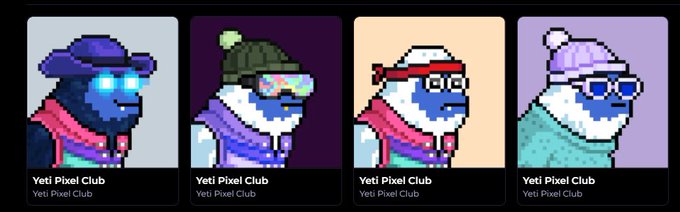 The image features four different cartoon animal characters, each wearing a hat and sunglasses, standing next to each other against a brown background. The caption for the image reads "Minted some for the culture Congrats to @YetiPixelClub on the sell-out!". This suggests that the post is related to the sale of these cartoon animal characters or something similar, possibly as merchandise or collectibles.