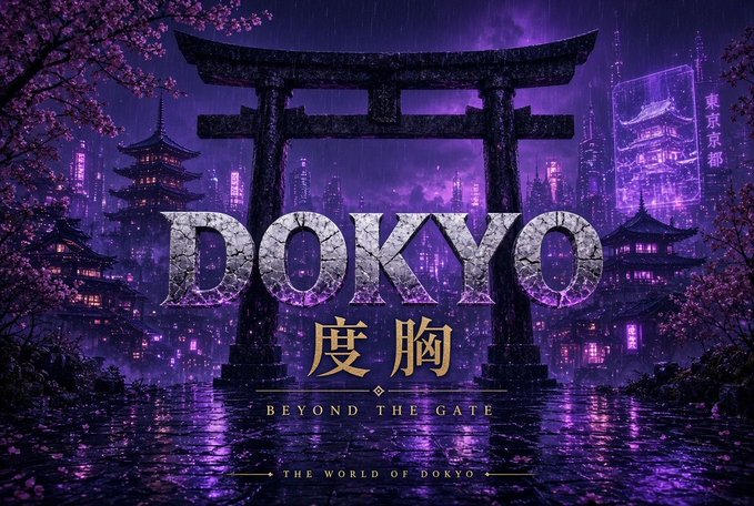 A purple cyberpunk-themed graphic reading 'DOKYO 度胸 BEYOND THE GATE THE WORLD OF DOKYO' with a torii gate and Japanese pagoda.