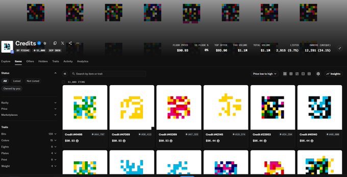 A screenshot of the OpenSea NFT marketplace showing a collection of pixelated artworks titled 'Credits' by verified user 're:ze'.