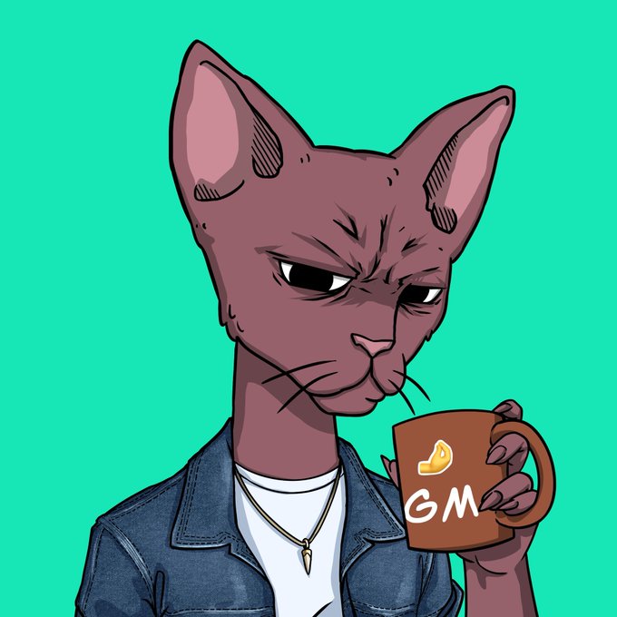 A digital illustration of a hairless cat with a stern expression wearing a denim jacket and a necklace, holding a brown mug with a lemon slice design and the letters 'GM' against a teal background.
