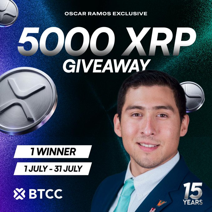 Promotional image for an "OSCAR RAMOS EXCLUSIVE 5000 XRP GIVEAWAY" running from 1 July to 31 July, featuring a man in a blue suit alongside XRP coin graphics, sponsored by BTCC in celebration of their 15th anniversary. The post matches the giveaway's call-to-action, directing viewers to the bit.ly/btcc-ramos link to enter before the 2-week deadline ends.
