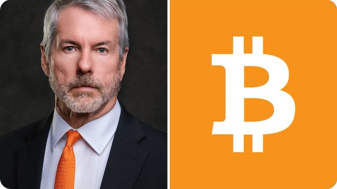 A distinguished man in a dark suit with an orange tie is shown beside the iconic orange Bitcoin logo, illustrating the news of Michael Saylor's Strategy selling 3,588 BTC worth $223 million, while still maintaining substantial holdings of 843,775 BTC.