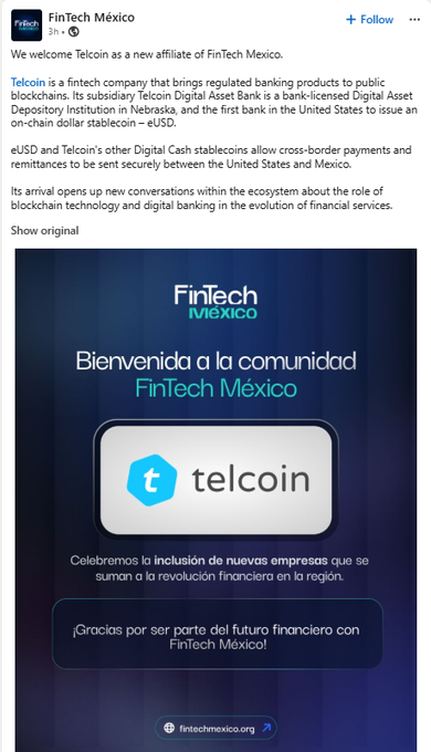 A LinkedIn post from FinTech México welcomes Telcoin as a new affiliate, describing it as a fintech company that brings regulated banking products to public blockchains through its subsidiary Telcoin Digital Asset Bank.