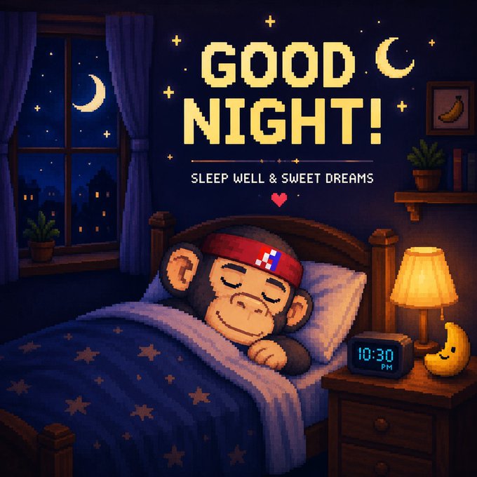 Pixel art illustration of a sleeping monkey wearing a Texas headband in bed, with 'GOOD NIGHT! SLEEP WELL & SWEET DREAMS' text and a clock showing 10:30 PM.
