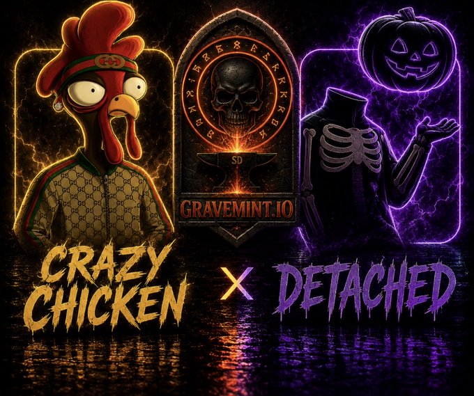 The image is a promotional graphic for "GRAVEMINT.IO" featuring a "Crazy Chicken" character on the left and a detached skeleton with a glowing jack-o'-lantern head on the right, separated by an "x" symbol. The accompanying "discounted mints" message reinforces the Halloween-themed minting event being advertised.
