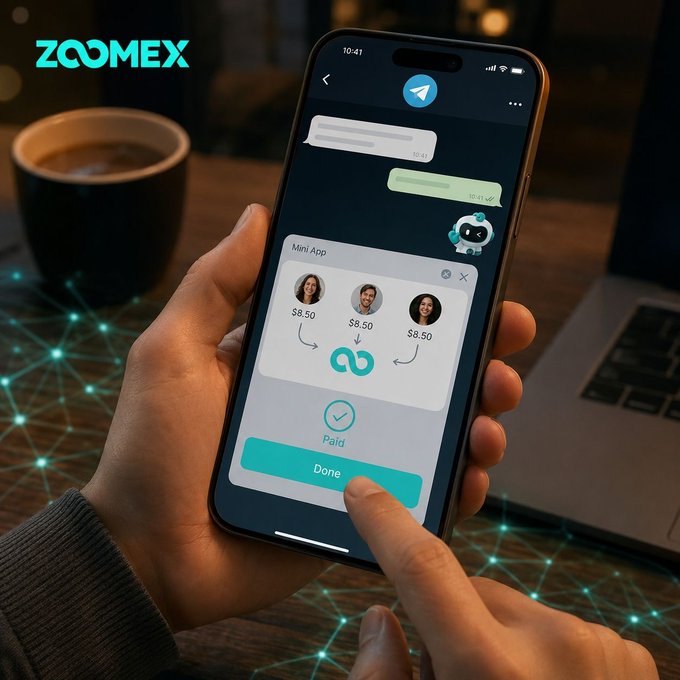A hand holds a smartphone displaying the Telegram app with a Mini App interface showing a transaction of $8.50 each from three contacts, marked "Paid!" and "Done," with the "ZOOMEX" logo visible in the top left corner. The image visually illustrates the post's theme of crypto becoming seamless infrastructure within apps like Telegram, where users can transact directly through Mini Apps without leaving the platform.